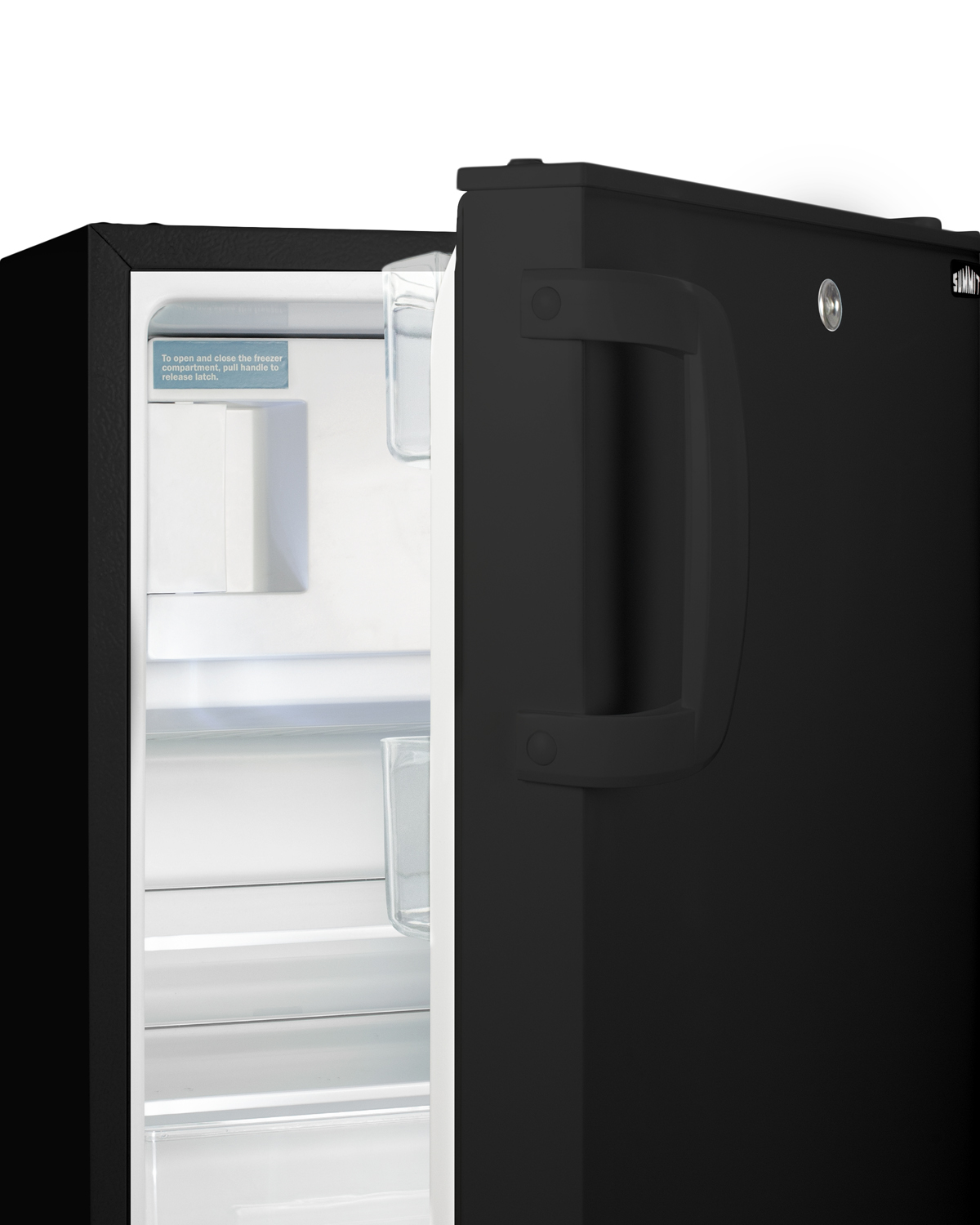 Built-in undercounter ADA compliant refrigerator-freezer in black for residential use, manual defrost with glass shelves, front lock, and door storage